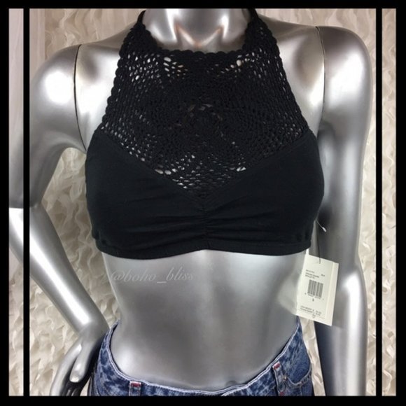 VOLCOM | Black Crochet Flower Halter Top Bralette NEW - Picture 2 of 9